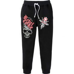 Spodnie sportowe bonprix czarny z nadrukiem. Czarne spodnie męskie bonprix, s, z nadrukiem, sportowe. Za 89,99 zł.