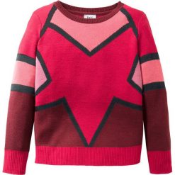 Sweter dzianinowy wzorzysty bonprix czerwono-bordowo-czarny wzorzysty. Czerwone swetry dziewczęce marki bonprix, z aplikacjami, z dzianiny, z okrągłym kołnierzem, z długim rękawem, długie, bez kaptura. Za 59,99 zł.