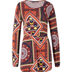 Tunika shirtowa z patchworkowym nadrukiem bonprix czerwony kwarcowy z nadrukiem. Pomarańczowe tuniki damskie bonprix, z nadrukiem, bez kołnierzyka, bez rękawów. Za 69,99 zł.