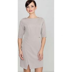 Beżowa Elegancka Sukienka z Asymetrycznym Rozporkiem. Brązowe sukienki damskie Molly.pl, s, bez wzorów, z tkaniny, eleganckie, z asymetrycznym kołnierzem, bez rękawów, asymetryczne. Za 149,90 zł.