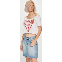 Guess Jeans - Top. Szare topy damskie Guess Jeans, l, z nadrukiem, z bawełny, z okrągłym kołnierzem. Za 199,90 zł.