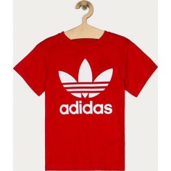 Adidas Originals - T-shirt dziecięcy 128-164 cm. Czerwone bluzki dziewczęce adidas Originals, z nadrukiem, z bawełny, z okrągłym kołnierzem, z krótkim rękawem, krótkie, bez kaptura. Za 79,90 zł.
