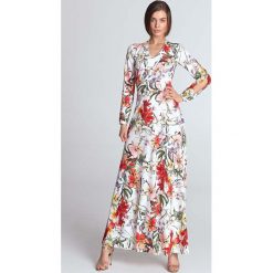Ecru Maxi Sukienka w Kwiaty z Wycięciem na Rękawach. Różowe sukienki damskie Molly.pl, s, w kwiaty, eleganckie, bez kołnierzyka, z długim rękawem, długie, maxi, rozkloszowane. Za 249,90 zł.