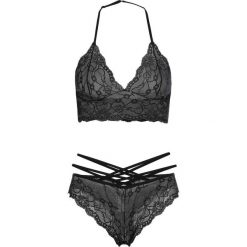 Biustonosz "bustier" + figi panty "ouvert" (2 części) bonprix czarny. Czarne biustonosze z fiszbinami marki bonprix, w paski, z koronki. Za 59,99 zł.