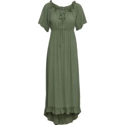 Sukienka z dekoltem carmen bonprix oliwkowy. Zielone sukienki damskie bonprix, bez wzorów, eleganckie, bez kołnierzyka, bez rękawów, maxi. Za 149,99 zł.