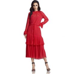 Malinowa Długa Sukienka w Stylu Boho z Plisowanymi Falbankami. Czerwone sukienki damskie Molly.pl, na co dzień, na lato, s, bez wzorów, z szyfonu, boho, z podwójnym kołnierzykiem, z długim rękawem, długie, midi, rozkloszowane. Za 258,90 zł.