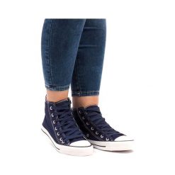 Granatowe wysokie trampki TL03. Trampki i tenisówki damskie ButyModne, bez wzorów, z tkaniny, na sznurówki. Za 59,00 zł.