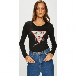 Guess Jeans - Bluzka. Białe bluzki damskie Guess Jeans, s, z nadrukiem, z bawełny, z okrągłym kołnierzem. W wyprzedaży za 119,90 zł.