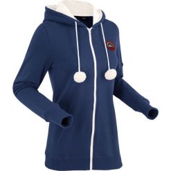 Bluza rozpinana z kapturem na podszewce z miękkiego polaru, długi rękaw bonprix kobaltowy. Niebieskie bluzy polarowe bonprix, w prążki, z długim rękawem, długie, z kapturem. Za 129,99 zł.