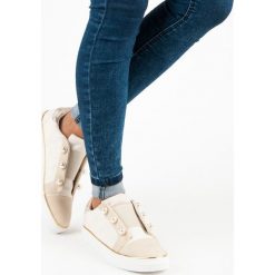 Trampki damskie slip on: American Club damskie trampki z perełkami odcienie brązu i beżu