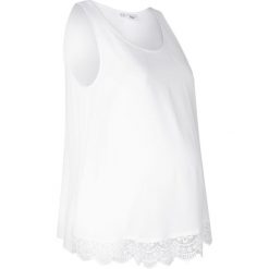 Top ciążowy z koronką bonprix biały. Białe topy damskie bonprix, w koronkowe wzory, z wiskozy, bez kołnierzyka, bez rękawów. Za 44,99 zł.