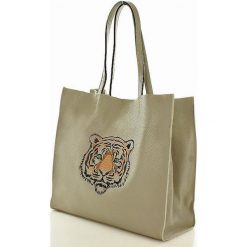 Shopper bag damskie: TIGER skórzana Włoska torebka MAZZINI szara