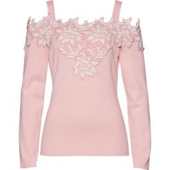 Sweter z dekoltem "carmen" z aplikacją bonprix pastelowy jasnoróżowy - biały. Różowe swetry damskie bonprix, z aplikacjami, bez rękawów, bez kaptura. Za 99,99 zł.
