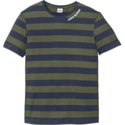 T-shirt bonprix ciemnooliwkowo-ciemnoniebieski w paski. Zielone t-shirty męskie bonprix, s, w paski, z okrągłym kołnierzem. Za 27,99 zł.