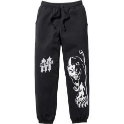 Spodnie dresowe bonprix czarny. Czarne spodnie męskie bonprix, s, z nadrukiem, z dresówki. Za 79,99 zł.