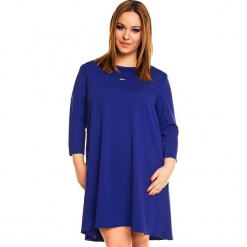 Chabrowa Trapezowa Sukienka PLUS SIZE. Niebieskie sukienki z falbanami Molly.pl, na co dzień, plus size, ze skóry, casualowe, plus size, z długim rękawem, trapezowe. Za 169,90 zł.