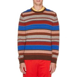 Sweter wełniany w kolorze jasnobrązowo-niebiesko-beżowym. Pomarańczowe swetry męskie Benetton, m, w paski, z wełny, z okrągłym kołnierzem. W wyprzedaży za 99,95 zł.
