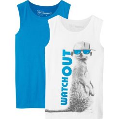 Koszulka bez rękawów (2 szt.) bonprix biały z nadrukiem + turkusowy. Białe t-shirty chłopięce bonprix, z nadrukiem, bez rękawów. Za 39,98 zł.