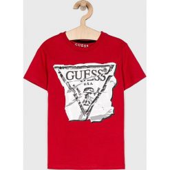 Guess Jeans - Top dziecięcy 118-175 cm. Szare bluzki dziewczęce Guess Jeans, z nadrukiem, z bawełny, z okrągłym kołnierzem, z krótkim rękawem, krótkie, bez kaptura. Za 79,90 zł.