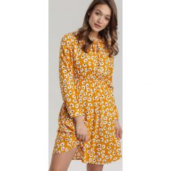 Żółta Sukienka Leire. Żółte sukienki damskie Renee, na imprezę, xl, w kwiaty, ze stójką, z długim rękawem, długie, mini, rozkloszowane. Za 89,99 zł.