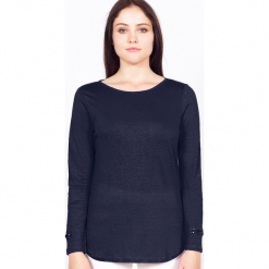 Koszulka "Rosie" w kolorze granatowym. Niebieskie t-shirty damskie marki Ateliers de la Maille, z aplikacjami, z okrągłym kołnierzem, z długim rękawem. W wyprzedaży za 136,95 zł.
