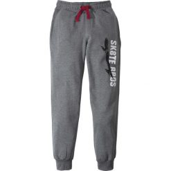 Spodnie dresowe z nadrukiem bonprix szary melanż. Szare dresy chłopięce marki bonprix, z nadrukiem, z dzianiny. Za 37,99 zł.