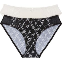 Figi (2 pary) bonprix czarno-ecru w kratę + szampan. Brązowe majtki damskie bonprix, z haftami. Za 55,98 zł.