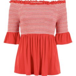 Shirt carmen bonprix truskawkowo-biały w paski. Czerwone koszulki damskie marki bonprix, w paski, z wiskozy, bez kołnierzyka. Za 89,99 zł.