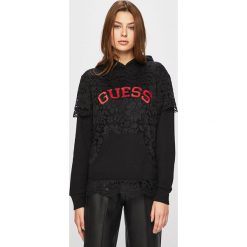 Guess Jeans - Bluza. Czarne bluzy damskie Guess Jeans, s, z nadrukiem, z bawełny, bez rękawów, z kapturem. Za 459,90 zł.