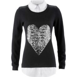 Sweter 2 w 1 z koszulową wstawką, długi rękaw bonprix czarny. Czarne swetry klasyczne damskie bonprix, z koszulowym kołnierzykiem. Za 109,99 zł.
