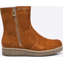 Caprice - Botki. Brązowe buty zimowe damskie marki Caprice, z materiału, na obcasie. W wyprzedaży za 199,90 zł.