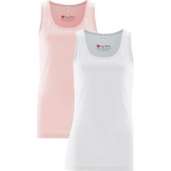 Top ze stretchem (2 szt. w opak.) bonprix perłowy jasnoróżowy + biały. Różowe bluzki damskie marki bonprix, z materiału, z okrągłym kołnierzem. Za 39,98 zł.