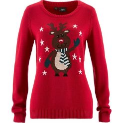 Sweter z okrągłym dekoltem bonprix czerwony. Czerwone swetry damskie bonprix, bez wzorów, bez rękawów, bez kaptura. Za 74,99 zł.