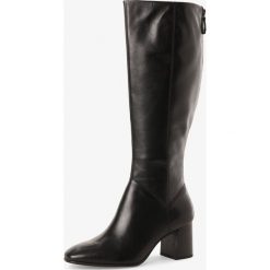 Tamaris - Kozaki damskie ze skóry, czarny. Czarne kozaki damskie Tamaris, na co dzień, ze skóry, bez obcasa, na słupku, bez zapięcia. Za 529,95 zł.