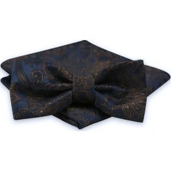 Granatowo-Brązowa Mucha Męska -ALTIES- z Taką Samą Poszetką, Orientalny Wzór MUALTS0593. Niebieskie muszki męskie Alties, w paski, eleganckie. Za 39,00 zł.
