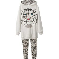 Bluza dresowa dziewczęca + legginsy (2 części) bonprix naturalny melanż. Białe legginsy dziewczęce bonprix, z nadrukiem, z elastanu, bez rękawów, z kapturem. Za 84,99 zł.