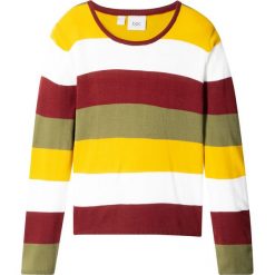 Sweter dzianinowy w szerokie paski bonprix biało-czerwono-oliwkowo-żółty. Białe swetry dziewczęce bonprix, w paski, z dzianiny, bez kołnierzyka, bez rękawów, bez kaptura. Za 54,99 zł.