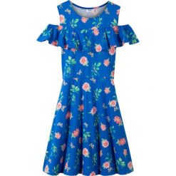 Sukienka dziewczęca z falbanami bonprix lazurowy w kwiaty. Niebieskie sukienki dziewczęce bonprix, w kwiaty, bez rękawów. Za 44,99 zł.
