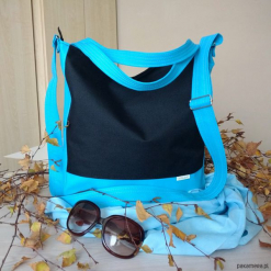 Czarno - błękitna torba worek na co dzień. Czarne shopper bag damskie Pakamera, do ręki, duże. Za 130,00 zł.