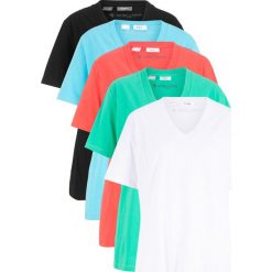Długi shirt z dekoltem w szpic (5 sztuk), krótki rękaw bonprix błękit laguny+ zielony oceaniczny + łososiowy + czarny + biały. Niebieskie koszulki damskie bonprix, bez wzorów, bez kołnierzyka, z długim rękawem. Za 124,95 zł.