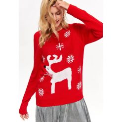 ŚWIĄTECZNY SWETER DAMSKI. Czerwone swetry klasyczne damskie marki TROLL, na zimę, l, z nadrukiem, z dzianiny, wizytowe. W wyprzedaży za 39,99 zł.