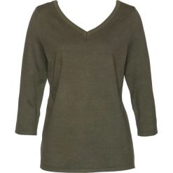 Sweter bonprix ciemnooliwkowy. Zielone swetry damskie bonprix, bez wzorów, bez rękawów, bez kaptura. Za 74,99 zł.