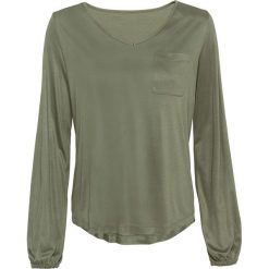 Shirt z kieszenią bonprix oliwkowy. Zielone koszulki damskie bonprix, bez wzorów, z dekoltem w serek. Za 59,99 zł.