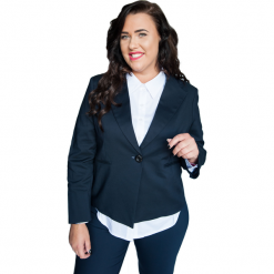 Elegancki klasyczny granatowy żakiet na podszewce z kieszeni PLUS SIZE JESIEŃ. Niebieskie żakiety damskie Moda Size Plus Iwanek, xxl, bez wzorów, z bawełny. Za 139,00 zł.