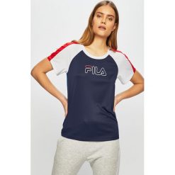 Fila - Top. Niebieskie bluzki damskie Fila, s, z nadrukiem, z elastanu, z okrągłym kołnierzem, z krótkim rękawem. W wyprzedaży za 89,90 zł.