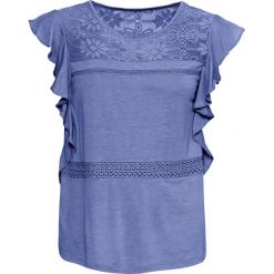 Shirt koszulowy bonprix niebieski gołębi. Niebieskie koszulki damskie bonprix, w koronkowe wzory, z koronki, z koszulowym kołnierzykiem. Za 69,99 zł.