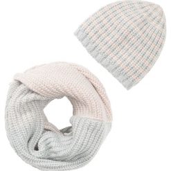 Szal i czapka (2 części) bonprix cielisto-szary. Szare szaliki damskie marki bonprix, na zimę, bez wzorów, eleganckie. Za 69,99 zł.