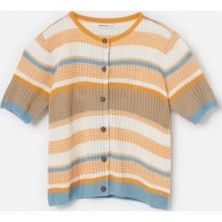Rozpinany sweter w paski - Żółty. Żółte swetry damskie Reserved, w paski, bez rękawów, bez kaptura. W wyprzedaży za 19,99 zł.