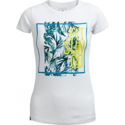 T-shirt damski TSD629 - biały - Outhorn. Białe koszulki damskie Outhorn, z nadrukiem, z elastanu, bez kołnierzyka. W wyprzedaży za 24,99 zł.