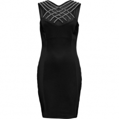 Sukienka wieczorowa bonprix czarny. Czarne sukienki damskie marki bonprix, z aplikacjami, eleganckie, bez kołnierzyka, bez rękawów. Za 89,99 zł.